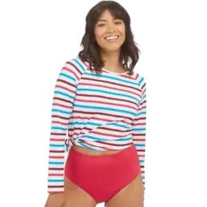 SPANX OCEAN STRIPES HIBISCUS RASH GUARD SWIM SHIRT SIZE SMALL